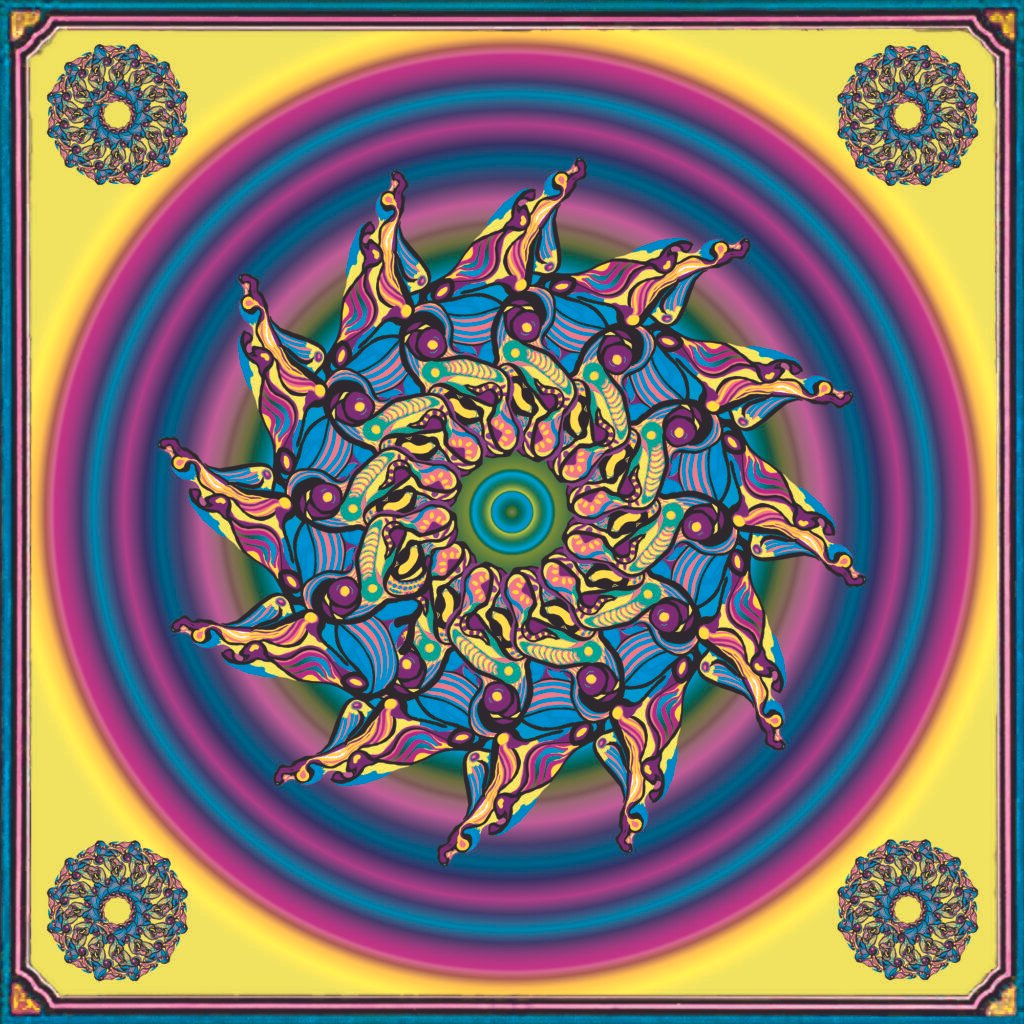 Mandala No.2 (yellow), digital print on silk, 70 x 70cm, 2018
